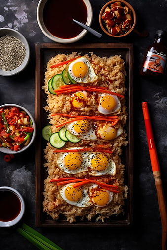 Top View of Asian Rice Bowls with Fried Eggs and Vegetables