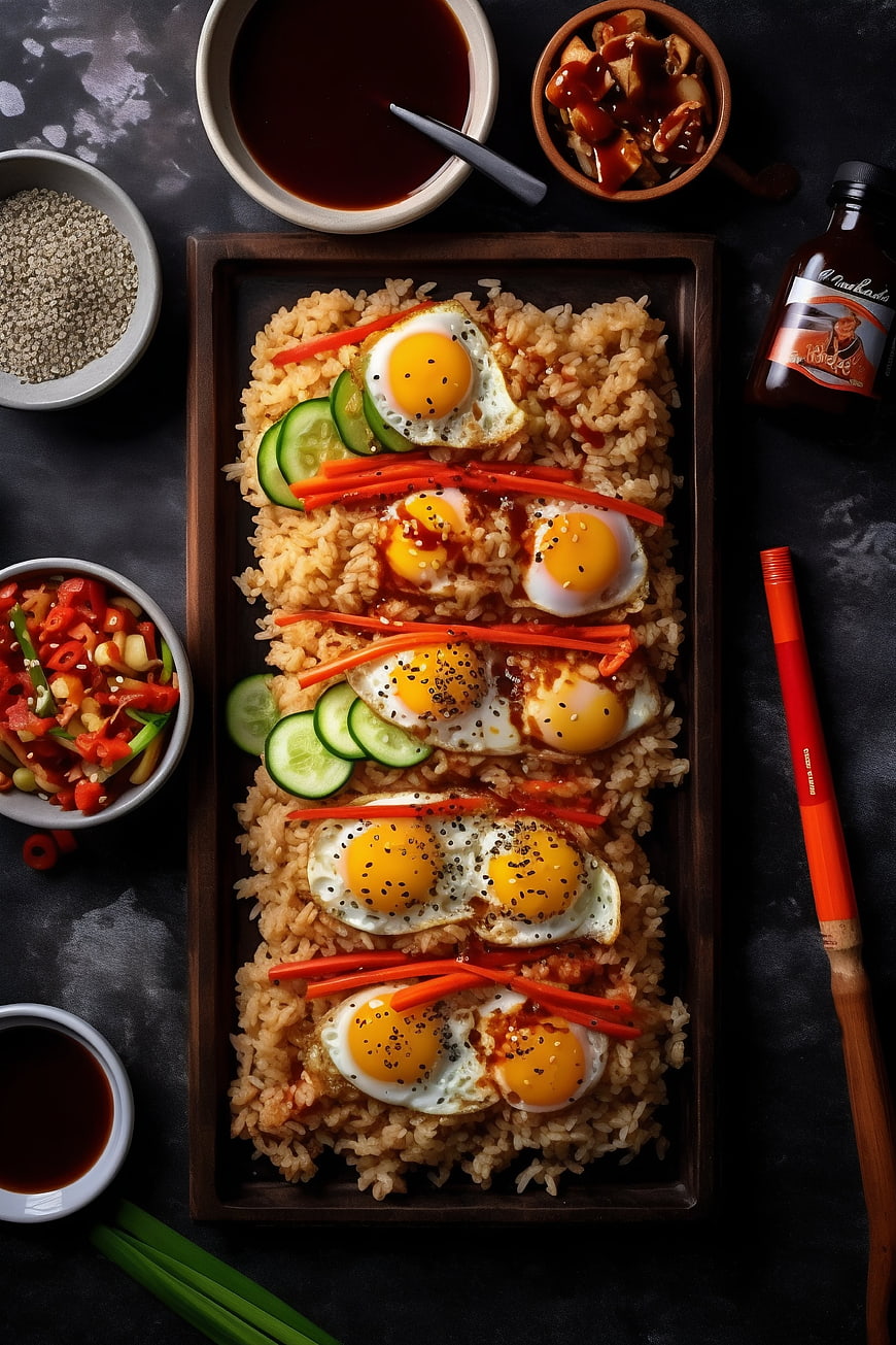 Top View of Asian Rice Bowls with Fried Eggs and Vegetables