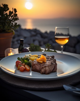 Gourmet steak dinner with wine at sunset by the sea