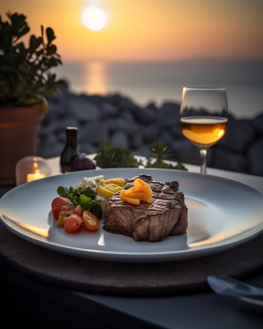 Gourmet steak dinner with wine at sunset by the sea