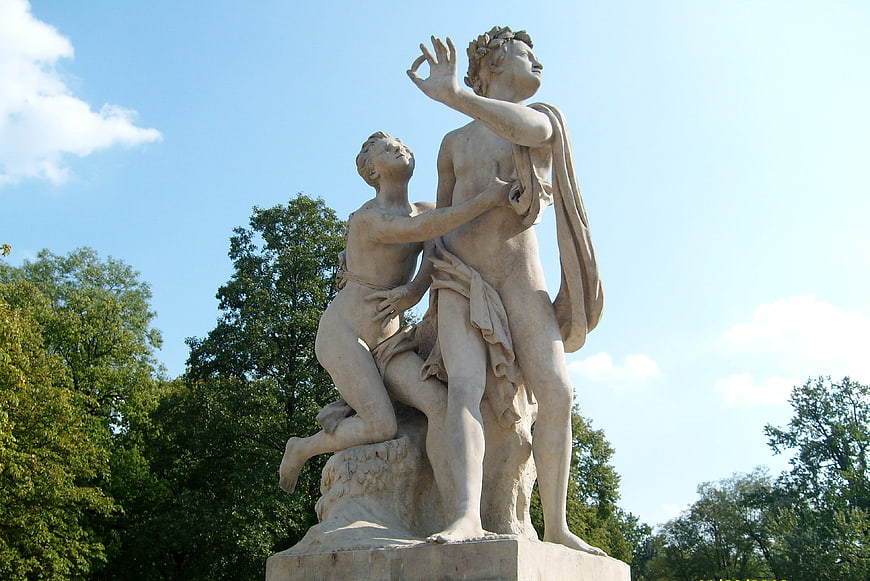 Classical Marble Statue of Two Figures in Park