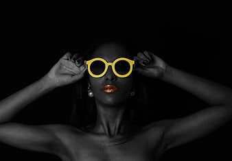 Woman with Yellow Sunglasses and Gold Lips