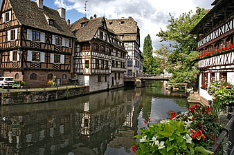 Historic Half-Timbered Houses Along Canal in Strasbourg, France