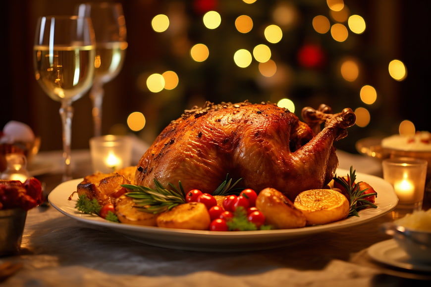 Roasted Turkey Dinner with Christmas Tree Background