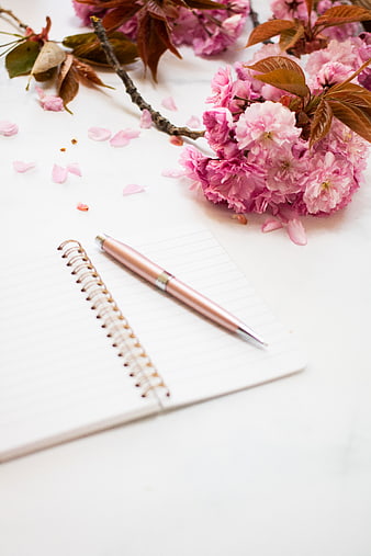 Pink Cherry Blossoms with Rose Gold Pen and Notebook