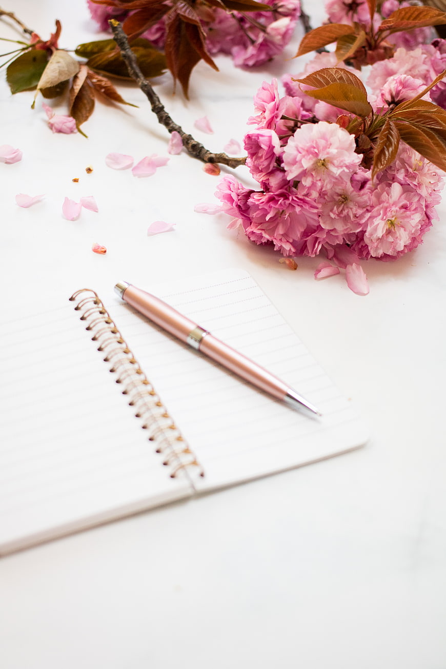 Pink Cherry Blossoms with Rose Gold Pen and Notebook