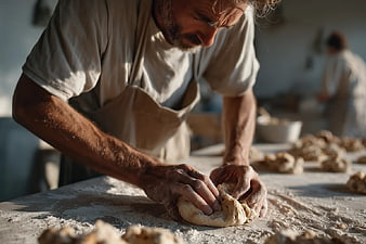 Artisan Baker Kneading Fresh Dough in Rustic Bakery