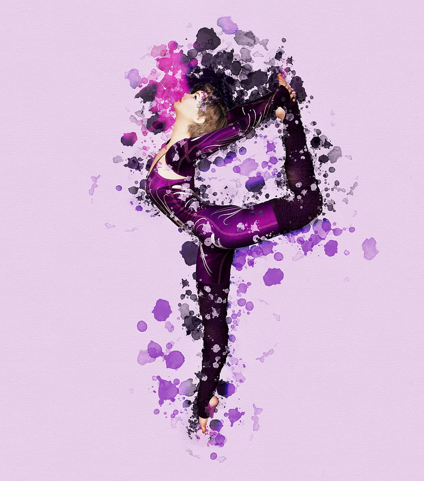 Ballet Dancer in Purple Leotard with Watercolor Splash Effect