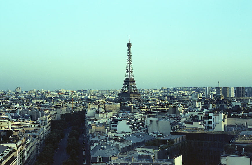 Vintage aerial view of Eiffel Tower and Paris cityscape
