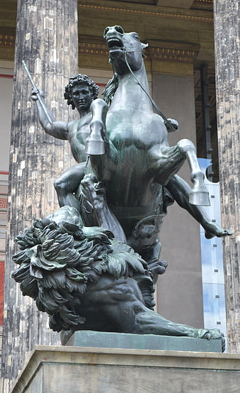 Bronze Statue of Warrior on Horseback Fighting Lion