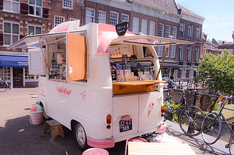Retro Pink Ice Cream Truck in Dutch City Square