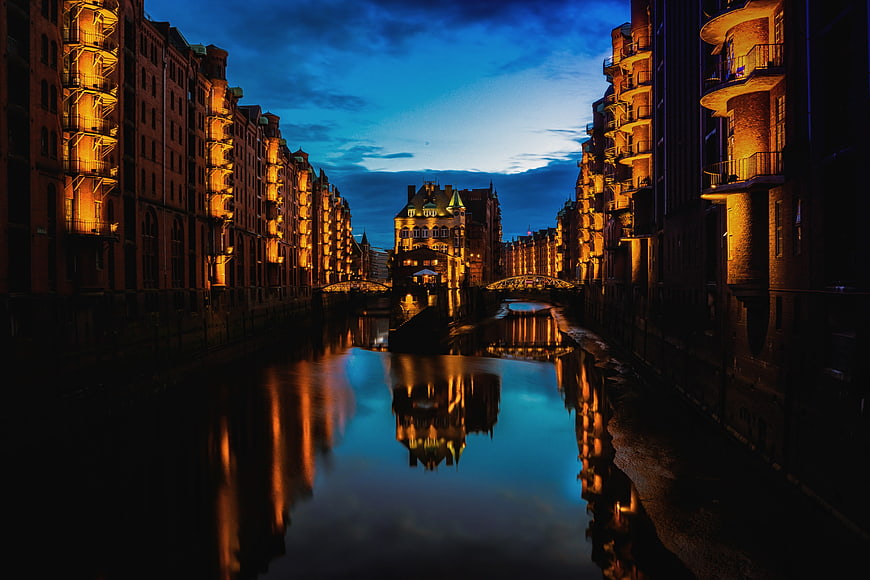 Illuminated Hamburg Speicherstadt Warehouses at Blue Hour