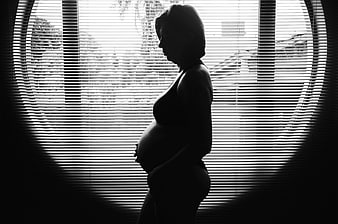 Silhouette of pregnant woman standing by window blinds