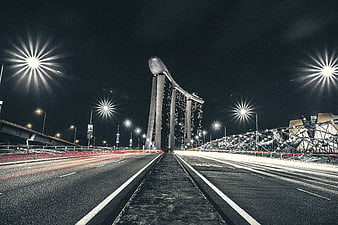 Long Exposure Night Shot of Marina Bay Sands Singapore Highway