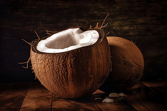 Cracked Fresh Coconut on Dark Wooden Background