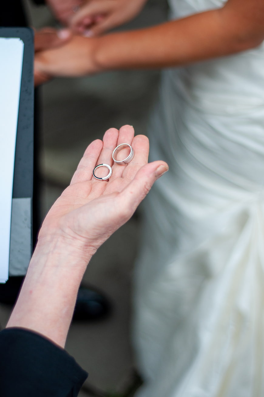 Close-up of wedding rings held in hand during ceremony