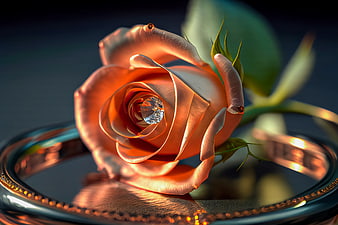 Rose with diamond center on golden ring