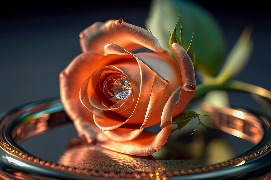 Rose with diamond center on golden ring
