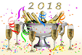 New Year 2018 Celebration with Champagne Bucket and Confetti
