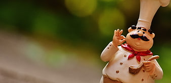 Ceramic Chef Figurine Making OK Sign with Wooden Spoon