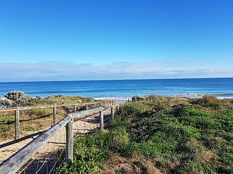 Wooden fence path leading to sandy beach and blue ocean