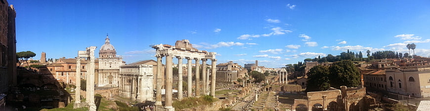 Panoramic View of Roman Forum Ruins and Temple of Saturn in Rome, Italy