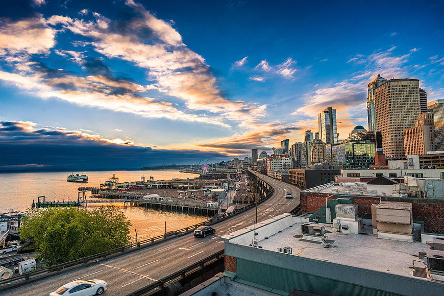 Seattle Skyline at Sunset with Waterfront Highway and Piers