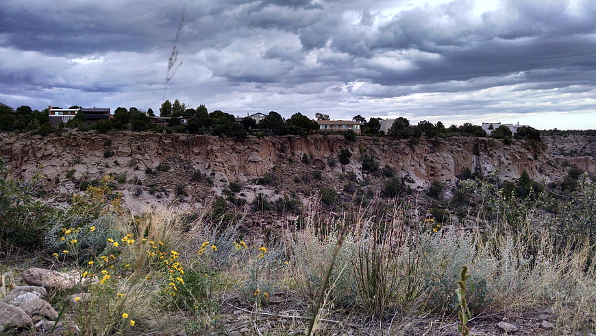 Stormy Sky Over Mesa Cliff with Desert Wildflowers
