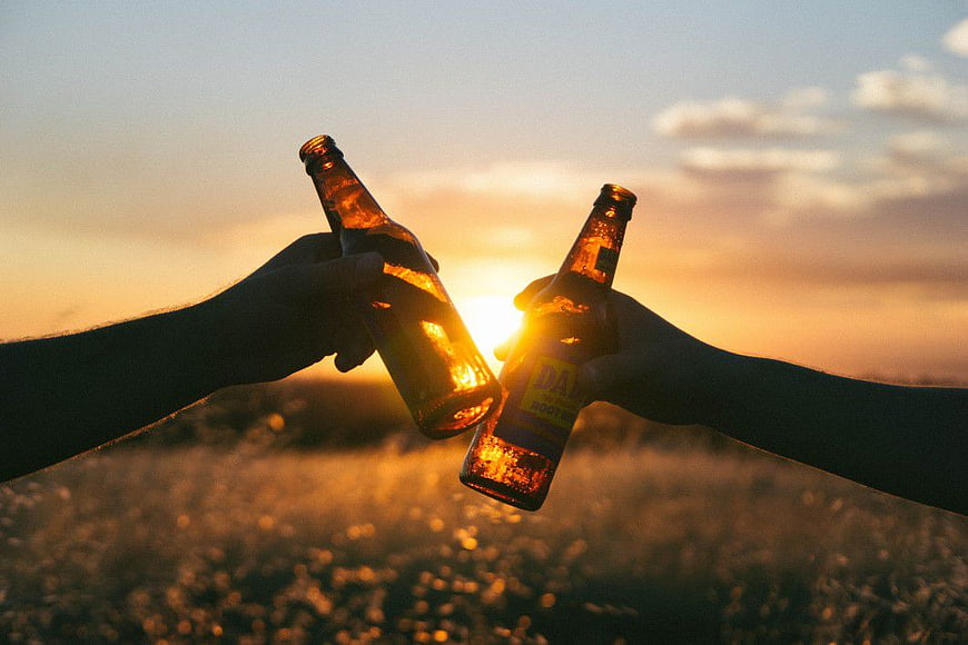 Two Hands Clinking Beer Bottles at Sunset in a Field