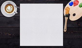 Empty White Canvas Mockup With Coffee And Art Supplies On Dark Wood