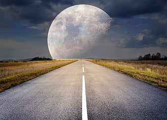 Giant Moon Over Rural Road at Dusk