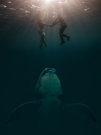 Surreal underwater couple holding hands above a giant whale