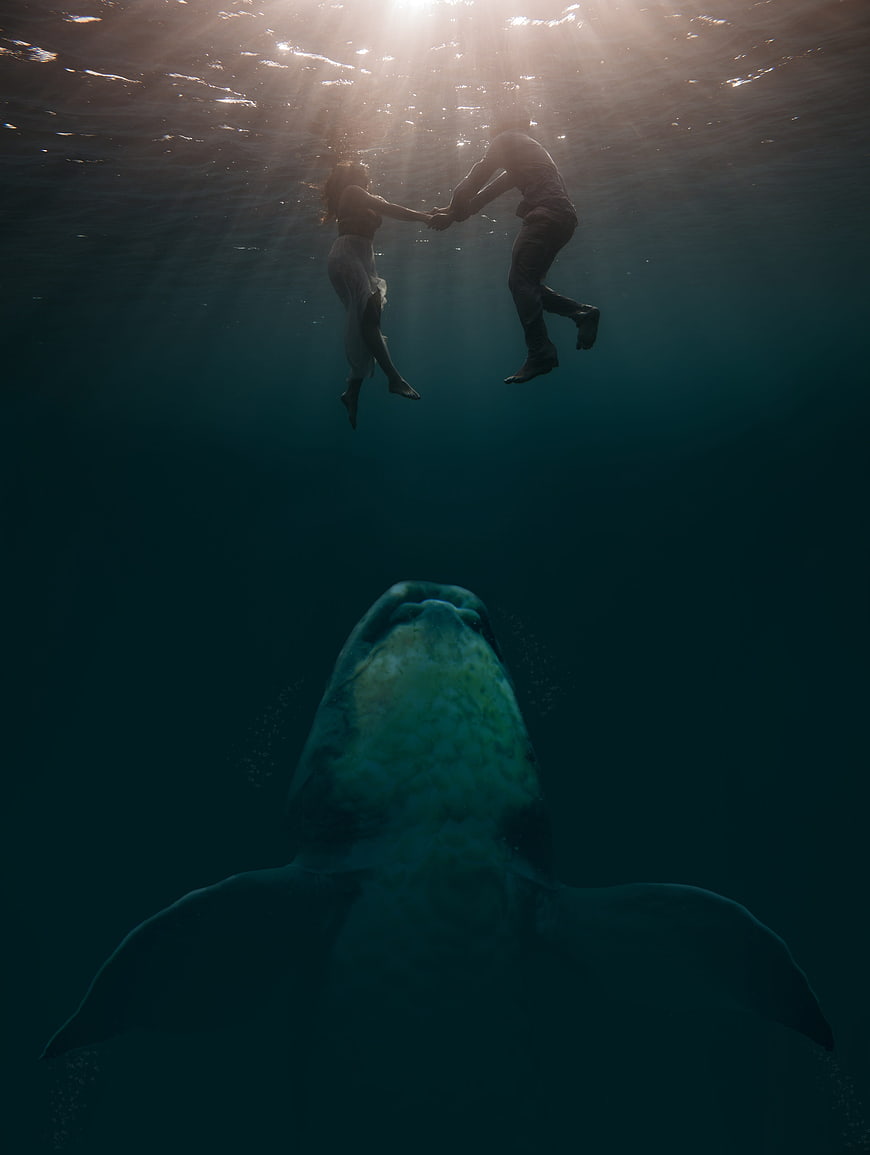 Surreal underwater couple holding hands above a giant whale