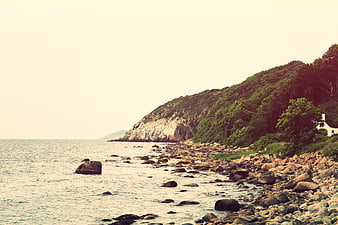 Serene Rocky Coastline with Lush Green Cliffside and Ocean View