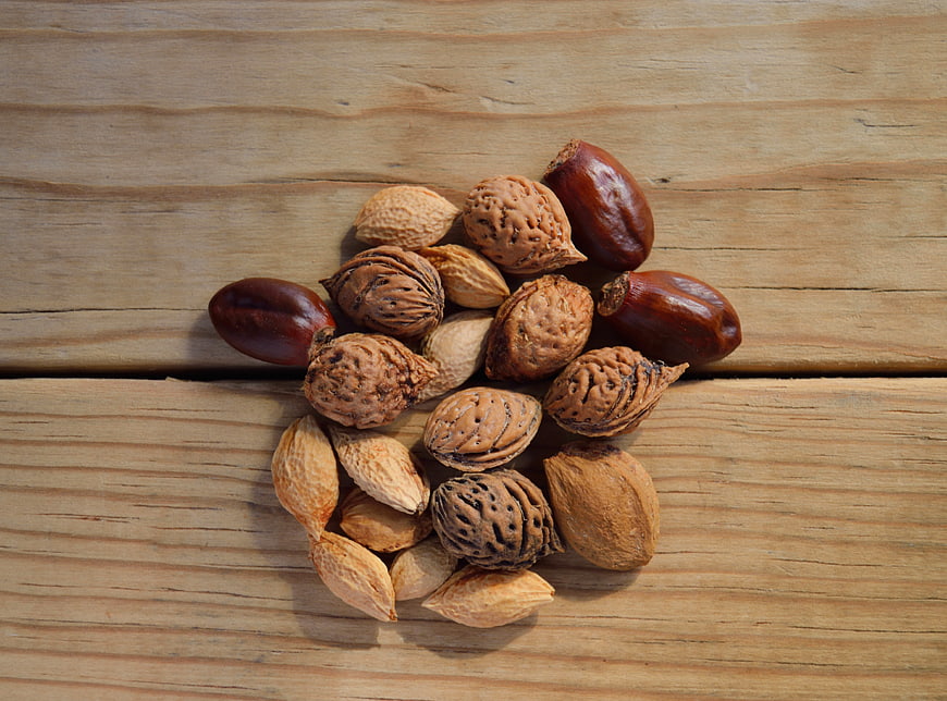 Mixed fruit seeds and nuts on rustic wooden background