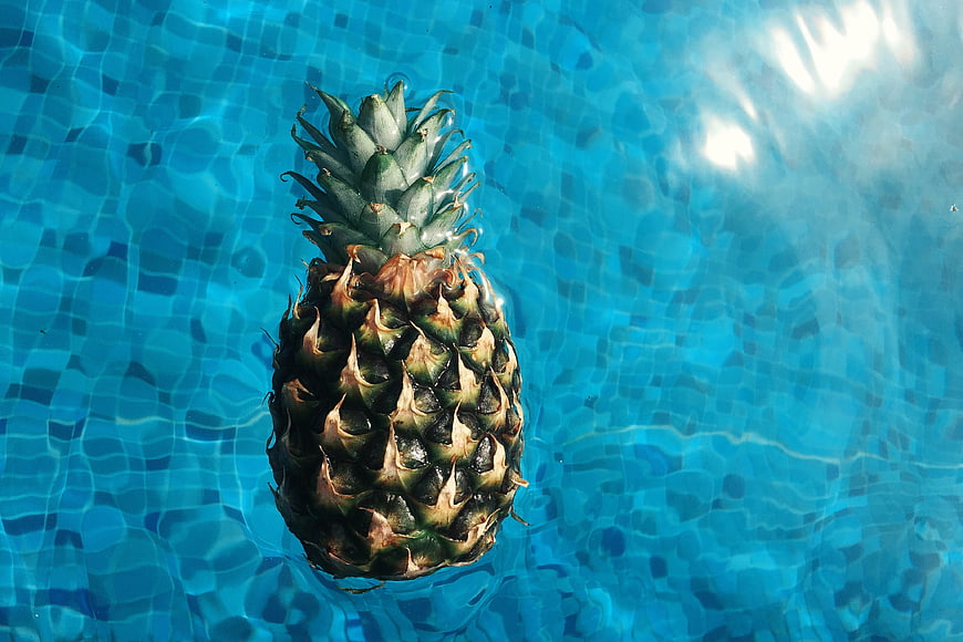 Fresh Pineapple Floating in Blue Swimming Pool Water