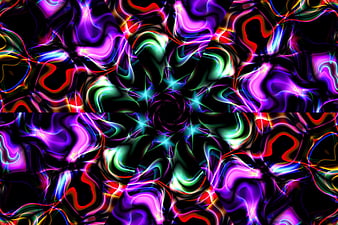 Abstract neon kaleidoscope pattern with swirling colors