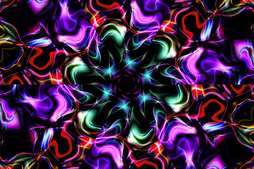 Abstract neon kaleidoscope pattern with swirling colors