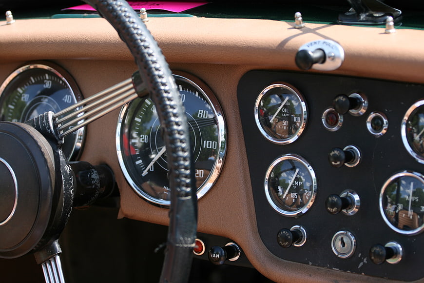Vintage Car Dashboard with Gauges and Steering Wheel