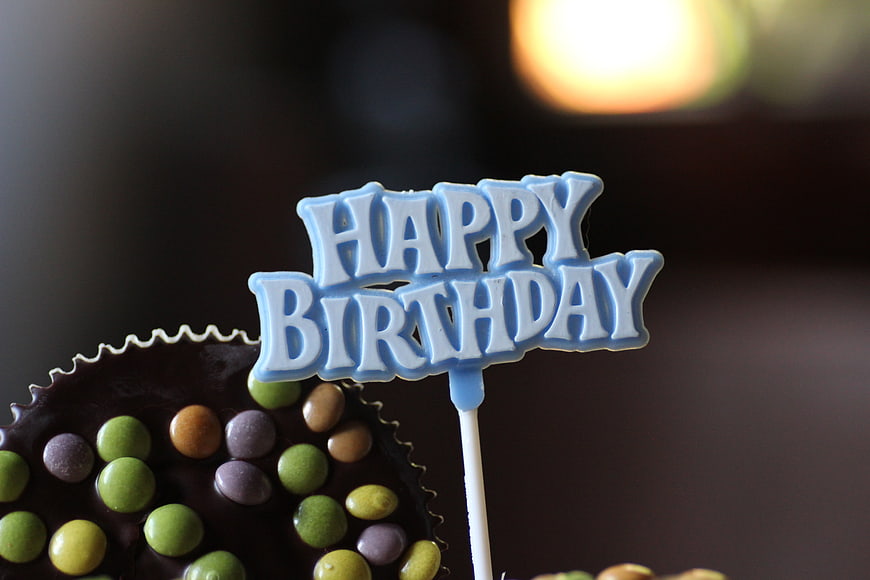Close-up of chocolate cake pop with Happy Birthday topper