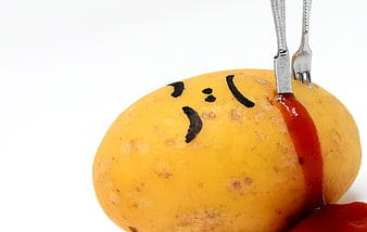 Funny Potato With Ketchup Tears And Utensils On White Background