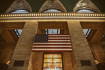 American Flag Hanging in Grand Central Terminal Interior