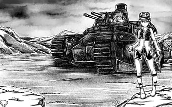 Anime girl standing with a tank in a black and white manga style