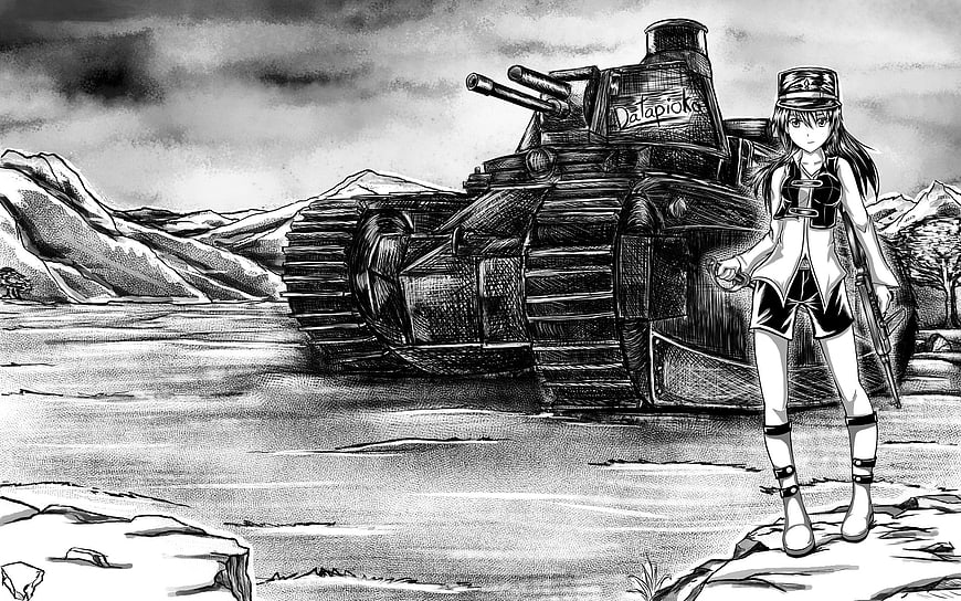 Anime girl standing with a tank in a black and white manga style