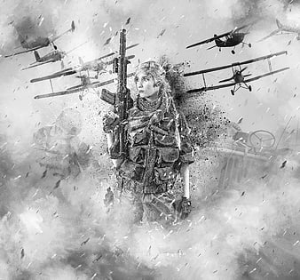 Female soldier with rifle in dramatic black and white war collage