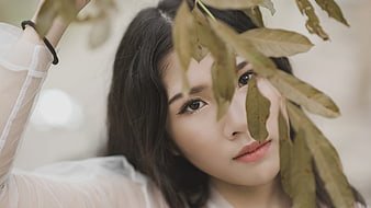 Young Asian Woman Portrait With Green Leaves And Soft Lighting