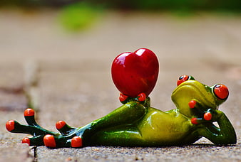 Cute Green Frog Figurine Holding Red Heart