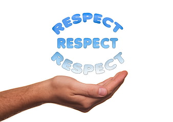 Open hand holding 3D blue respect text on white background