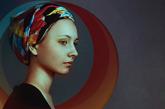 Retro Portrait of Woman with Colorful Headscarf