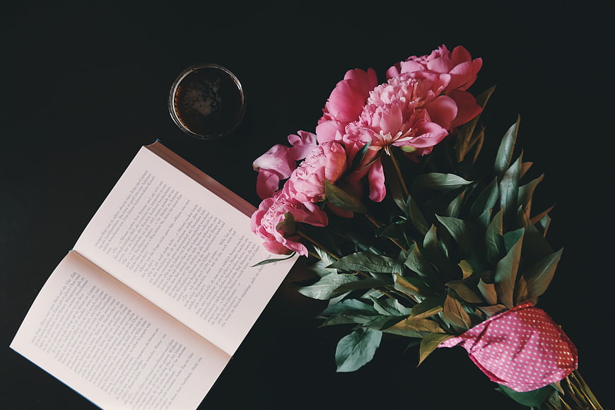 Pink Peonies, Open Book, and Coffee on Dark Background